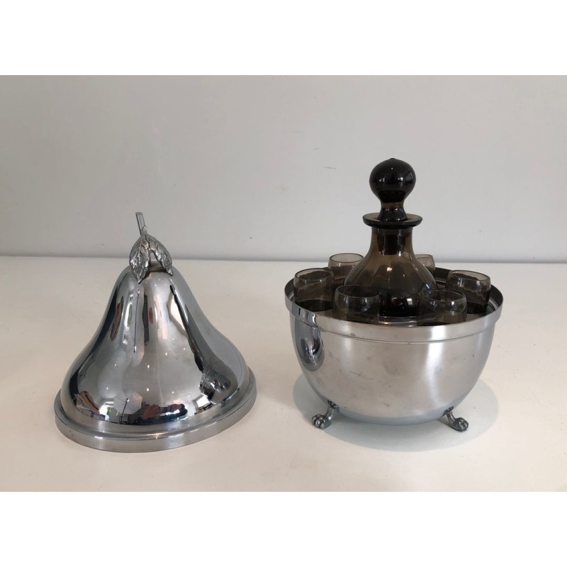 French Pear-Form Silver-Plated Liqueur Cellar with Smoked Glass Service, circa 1970