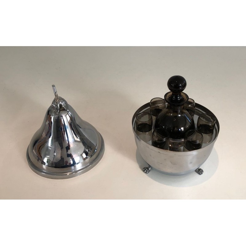 French Pear-Form Silver-Plated Liqueur Cellar with Smoked Glass Service, circa 1970