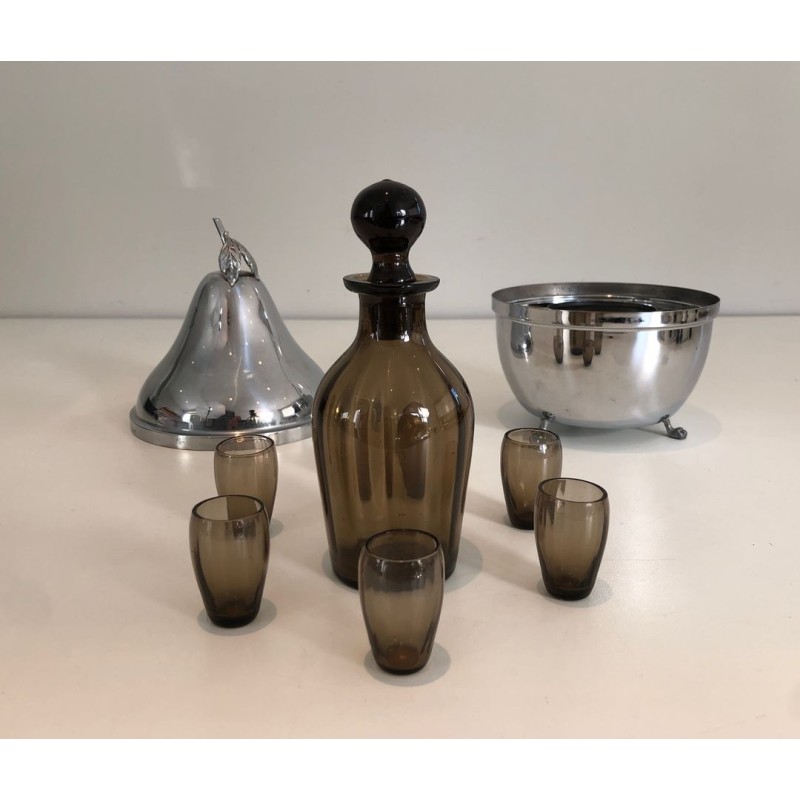 French Pear-Form Silver-Plated Liqueur Cellar with Smoked Glass Service, circa 1970