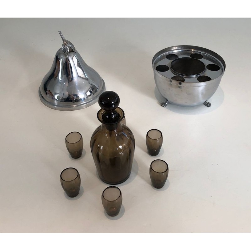 French Pear-Form Silver-Plated Liqueur Cellar with Smoked Glass Service, circa 1970