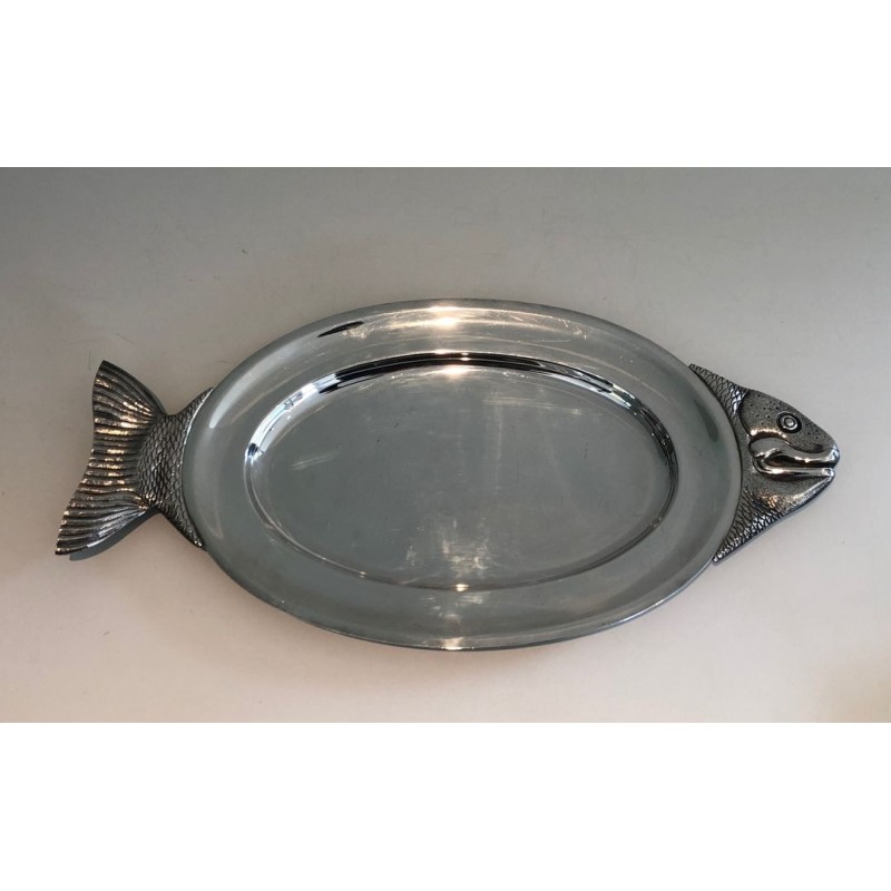 Plat de Service en Métal Argenté Forme Poisson, Signé Teghini Firenze, vers 1970