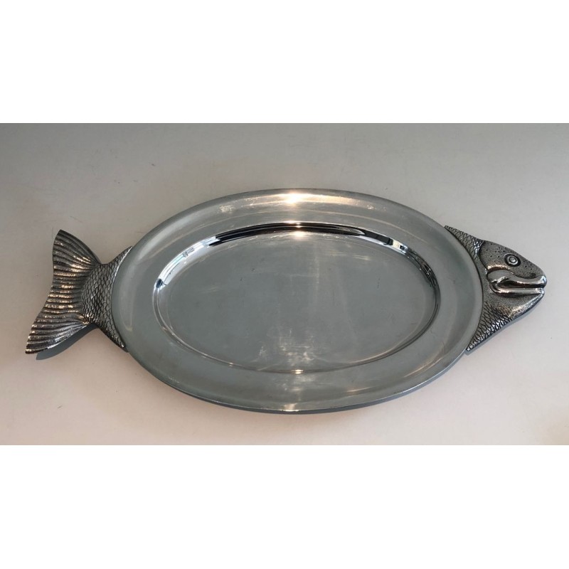 Plat de Service en Métal Argenté Forme Poisson, Signé Teghini Firenze, vers 1970