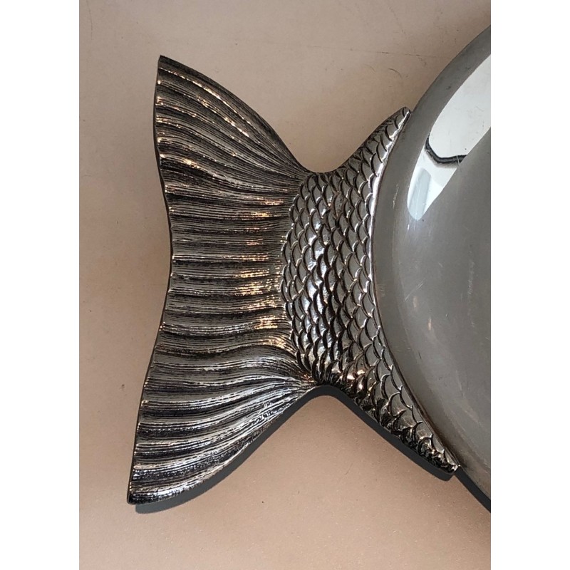 Plat de Service en Métal Argenté Forme Poisson, Signé Teghini Firenze, vers 1970