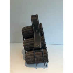 Six-Bottle Wine Rack in Dark Rattan, Lacquered Metal and Leather, circa 1970