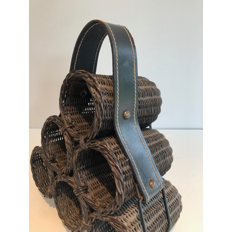 Six-Bottle Wine Rack in Dark Rattan, Lacquered Metal and Leather, circa 1970