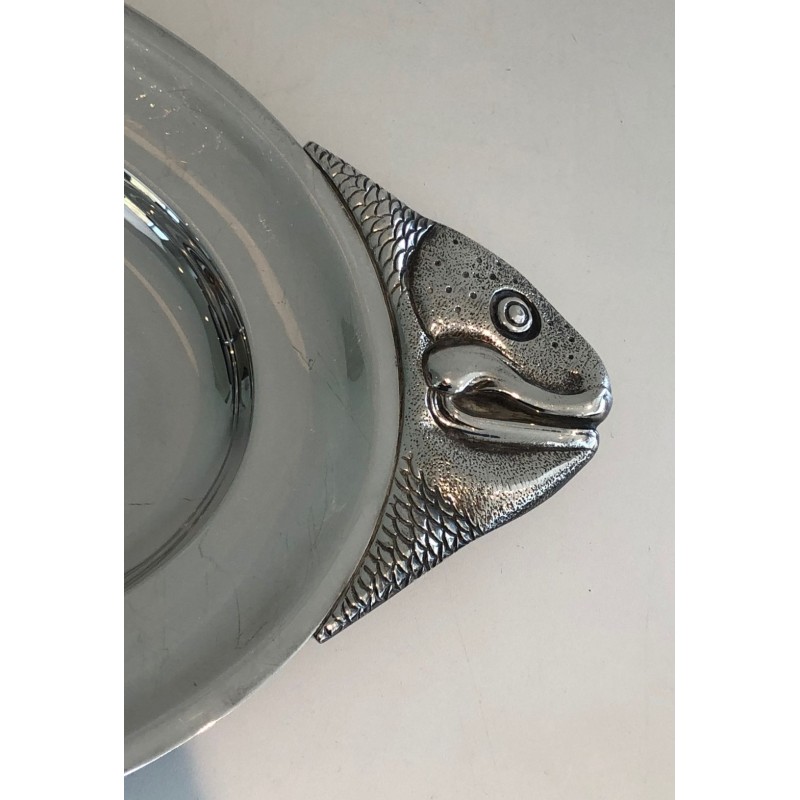 Plat de Service en Métal Argenté Forme Poisson, Signé Teghini Firenze, vers 1970
