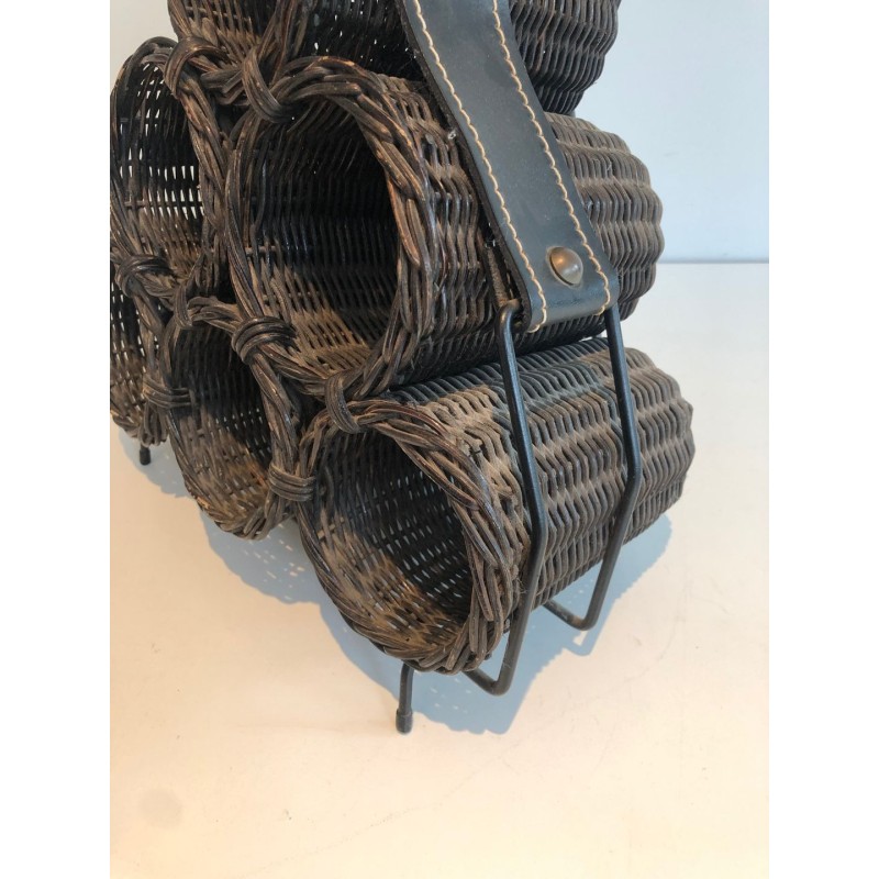 Six-Bottle Wine Rack in Dark Rattan, Lacquered Metal and Leather, circa 1970