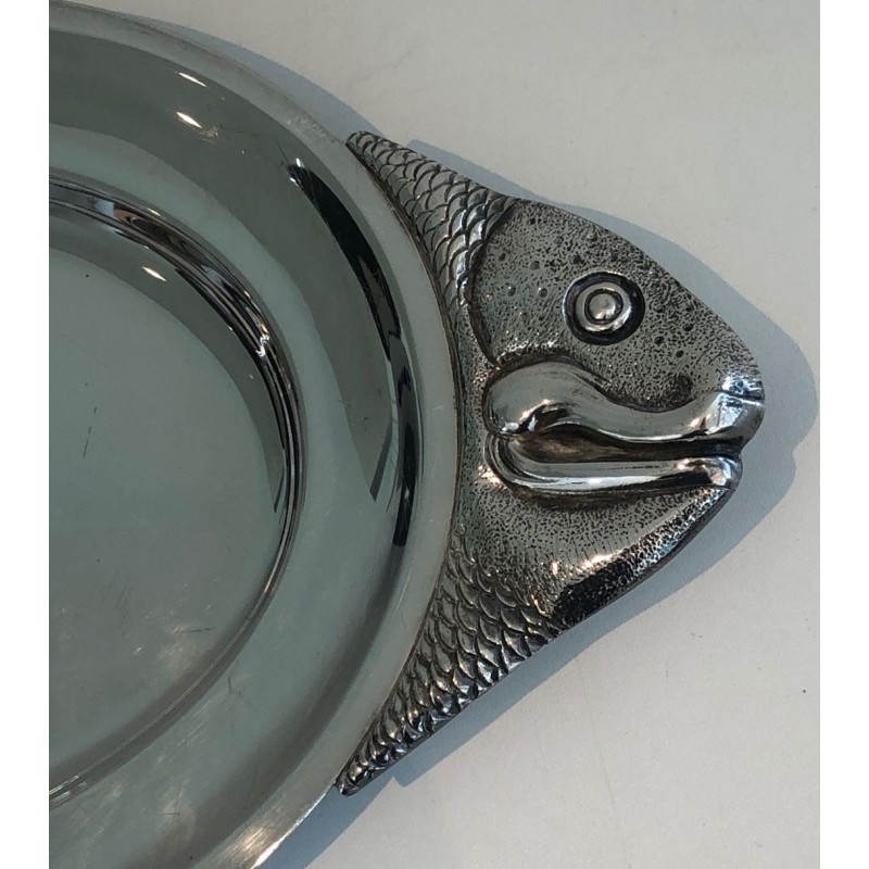 Plat de Service en Métal Argenté Forme Poisson, Signé Teghini Firenze, vers 1970