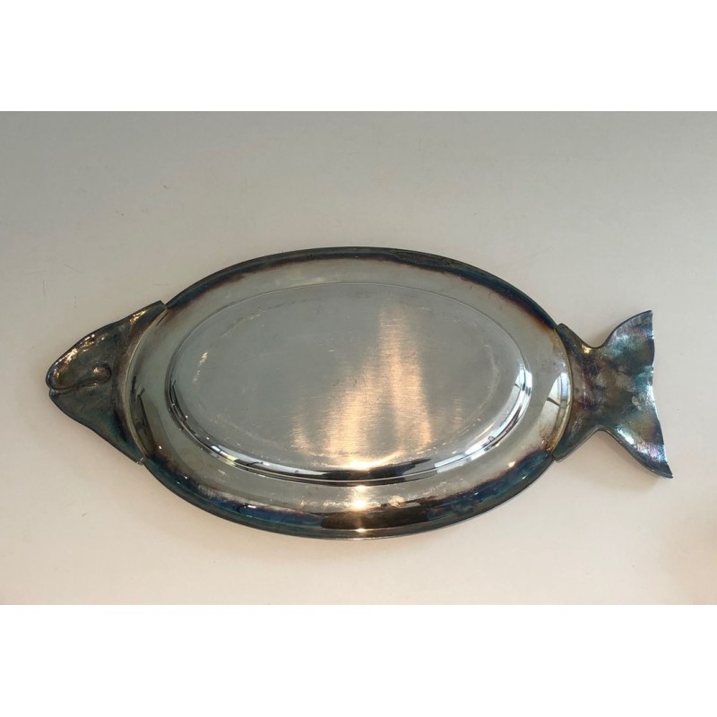 Plat de Service en Métal Argenté Forme Poisson, Signé Teghini Firenze, vers 1970