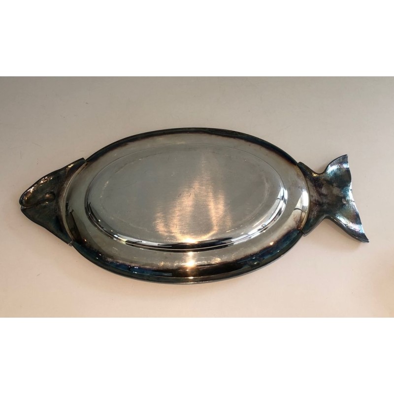 Plat de Service en Métal Argenté Forme Poisson, Signé Teghini Firenze, vers 1970