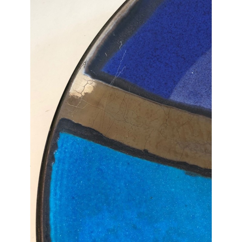Large French Ceramic Dish with Abstract Blue Bands, circa 1970