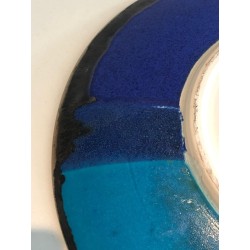 Large French Ceramic Dish with Abstract Blue Bands, circa 1970