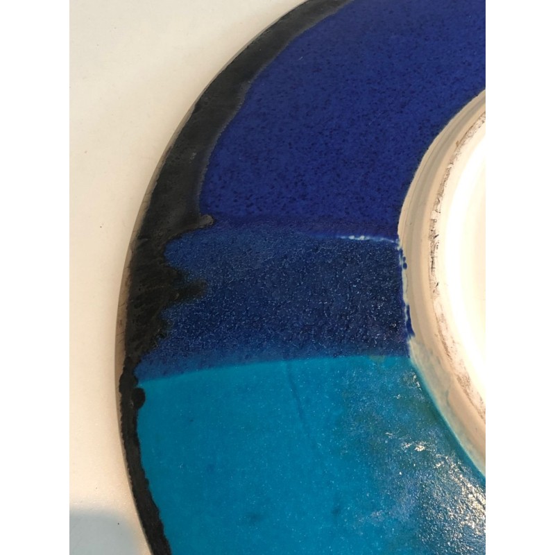 Large French Ceramic Dish with Abstract Blue Bands, circa 1970