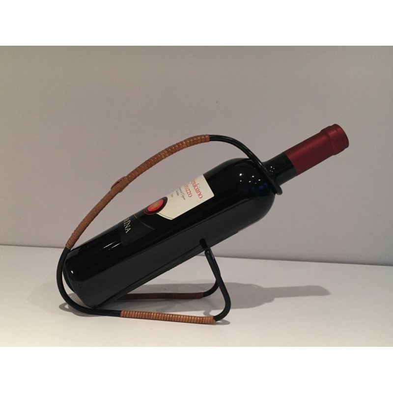 Scandinavian Wine Bottle Holder in Black Lacquered Metal and Rattan, circa 1950