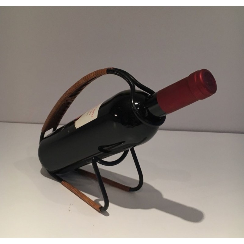 Scandinavian Wine Bottle Holder in Black Lacquered Metal and Rattan, circa 1950
