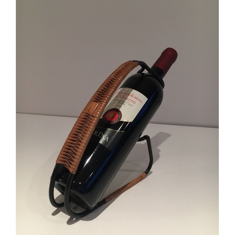 Scandinavian Wine Bottle Holder in Black Lacquered Metal and Rattan, circa 1950
