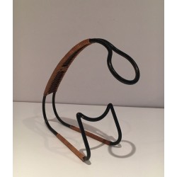 Scandinavian Wine Bottle Holder in Black Lacquered Metal and Rattan, circa 1950