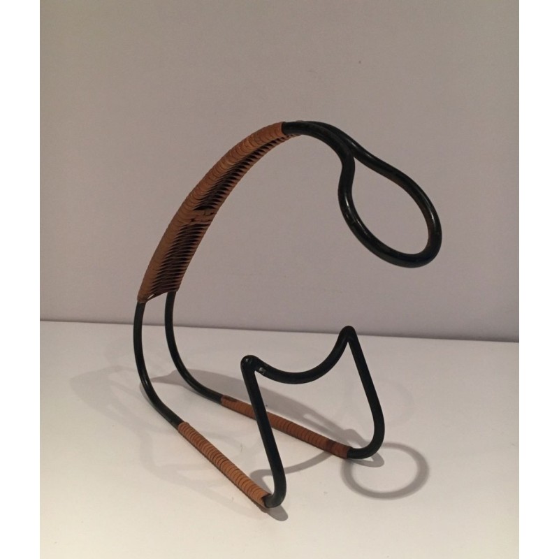 Scandinavian Wine Bottle Holder in Black Lacquered Metal and Rattan, circa 1950