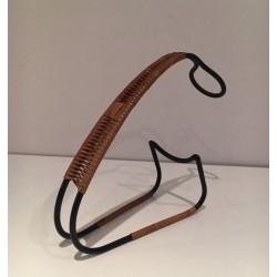 Scandinavian Wine Bottle Holder in Black Lacquered Metal and Rattan, circa 1950