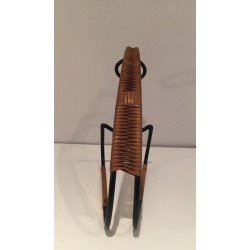 Scandinavian Wine Bottle Holder in Black Lacquered Metal and Rattan, circa 1950