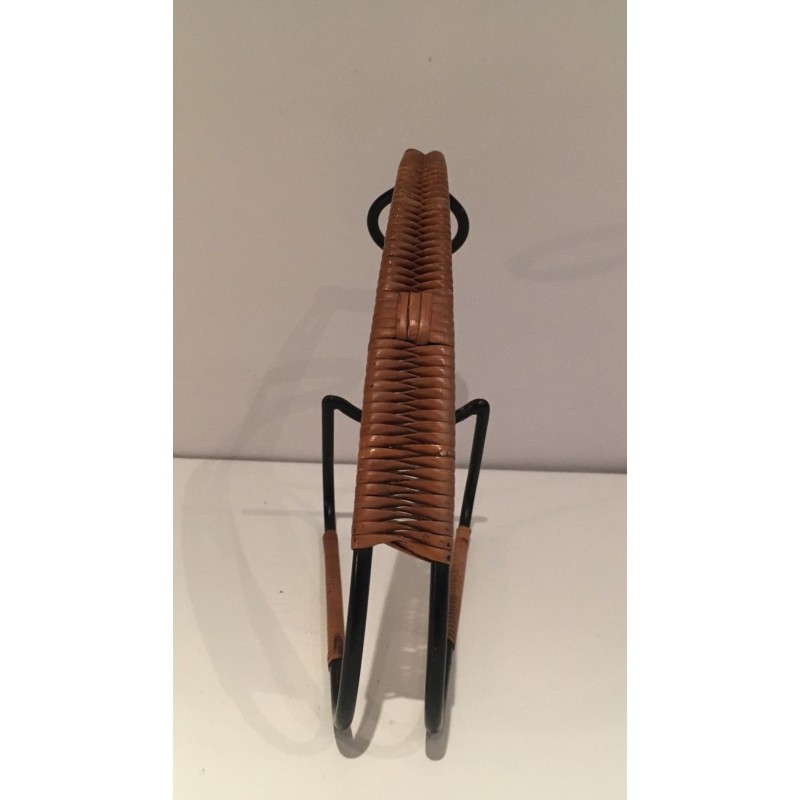 Scandinavian Wine Bottle Holder in Black Lacquered Metal and Rattan, circa 1950
