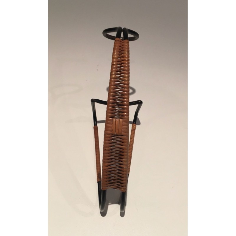 Scandinavian Wine Bottle Holder in Black Lacquered Metal and Rattan, circa 1950