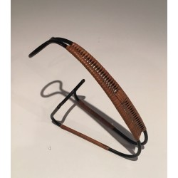 Scandinavian Wine Bottle Holder in Black Lacquered Metal and Rattan, circa 1950