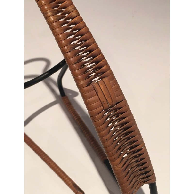 Scandinavian Wine Bottle Holder in Black Lacquered Metal and Rattan, circa 1950