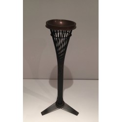 Mid-Century French Brass Ashtray on Black Lacquered Wire Stand, circa 1950