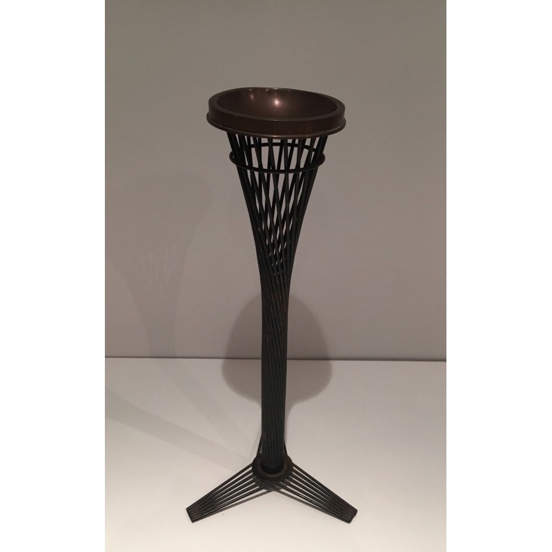 Mid-Century French Brass Ashtray on Black Lacquered Wire Stand, circa 1950