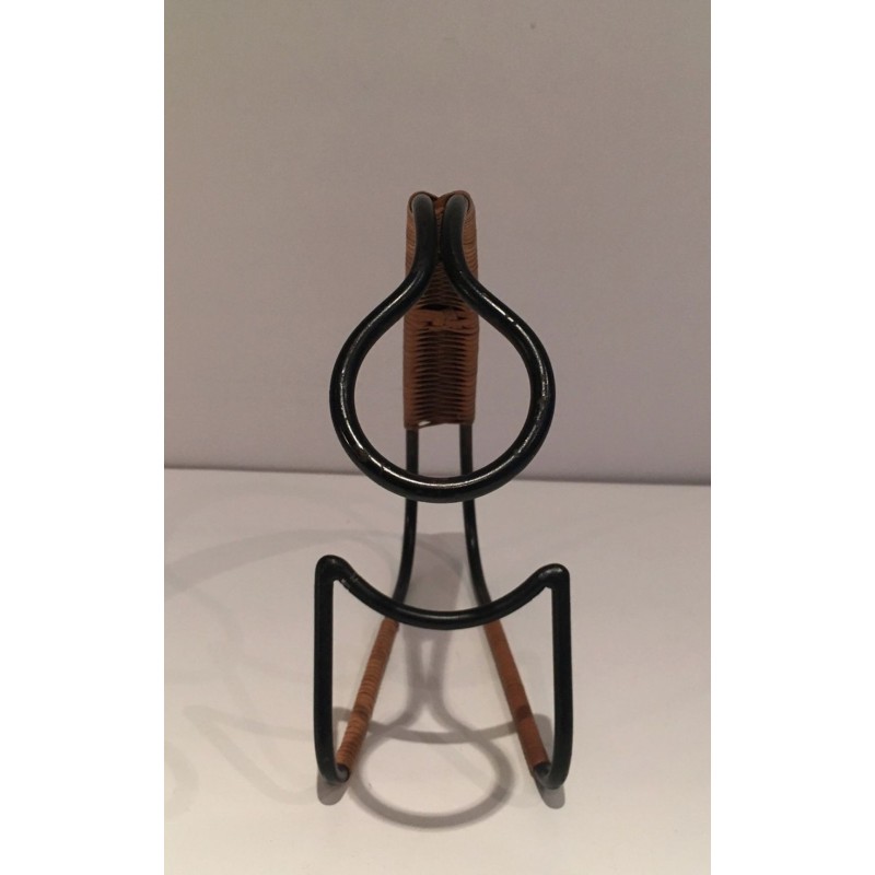 Scandinavian Wine Bottle Holder in Black Lacquered Metal and Rattan, circa 1950
