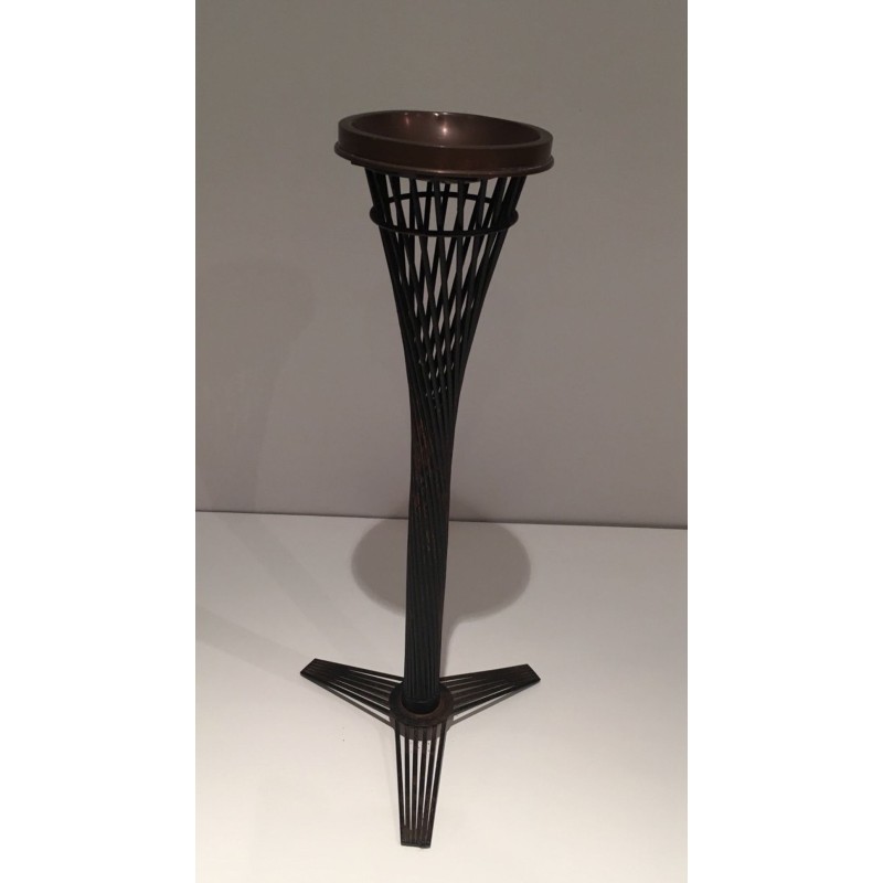 Mid-Century French Brass Ashtray on Black Lacquered Wire Stand, circa 1950