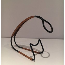 Scandinavian Wine Bottle Holder in Black Lacquered Metal and Rattan, circa 1950