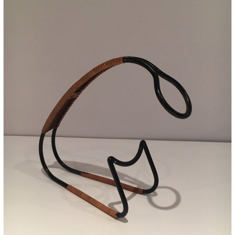 Scandinavian Wine Bottle Holder in Black Lacquered Metal and Rattan, circa 1950