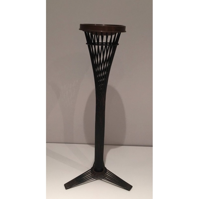 Mid-Century French Brass Ashtray on Black Lacquered Wire Stand, circa 1950