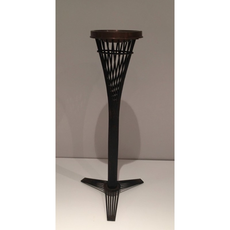 Mid-Century French Brass Ashtray on Black Lacquered Wire Stand, circa 1950