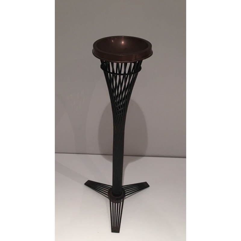 Mid-Century French Brass Ashtray on Black Lacquered Wire Stand, circa 1950