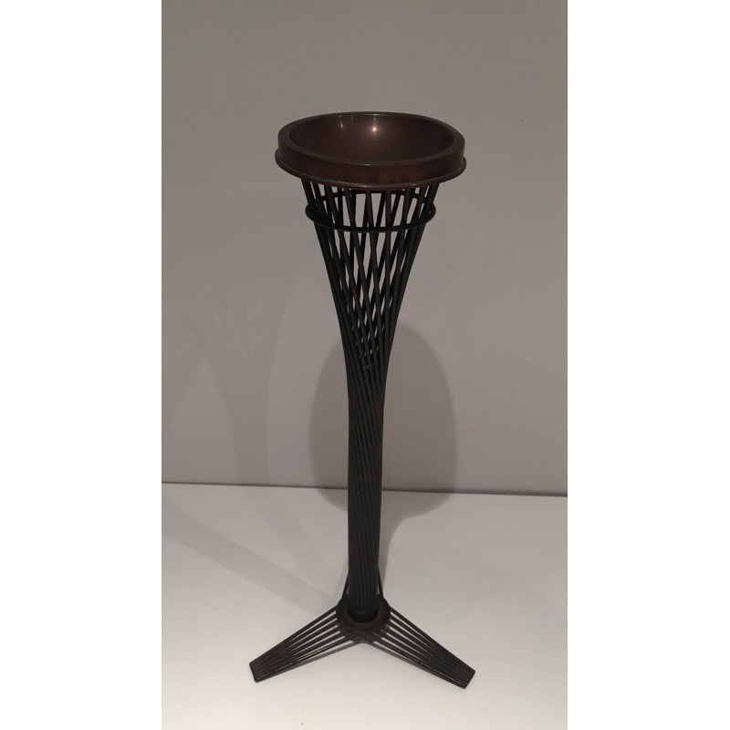Mid-Century French Brass Ashtray on Black Lacquered Wire Stand, circa 1950