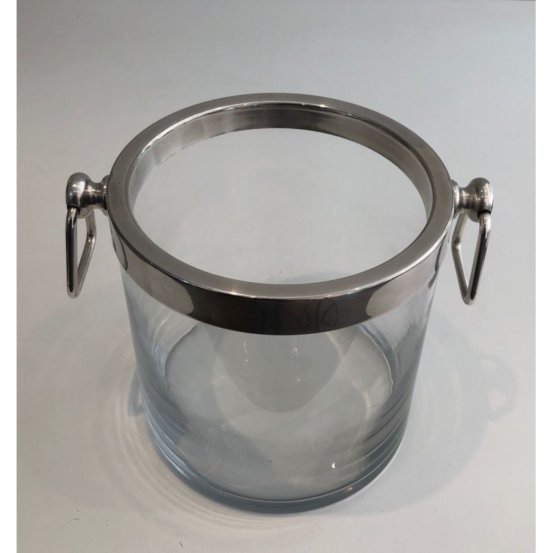Seau à Champagne Moderniste en Verre et Métal Argenté, vers 1970