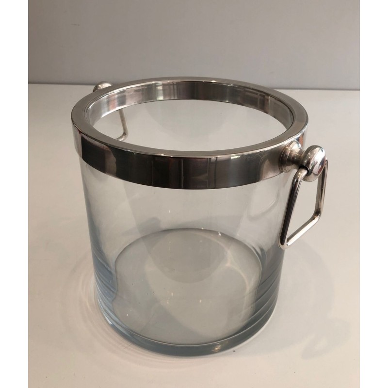 Seau à Champagne Moderniste en Verre et Métal Argenté, vers 1970