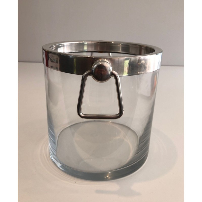 Seau à Champagne Moderniste en Verre et Métal Argenté, vers 1970