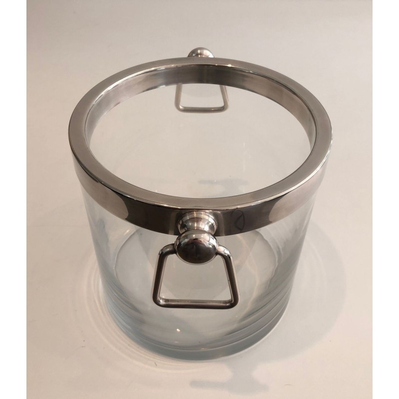 Seau à Champagne Moderniste en Verre et Métal Argenté, vers 1970