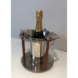 French Silver-Plated and Leather Champagne Bucket with Integrated Flute Holder — Circa 1970
