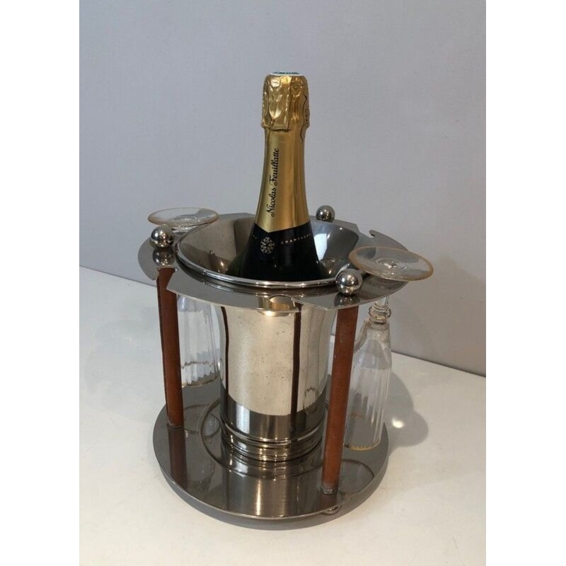 Seau à Champagne en Métal Argenté et Cuir avec Présentoir à Flûtes Intégré — France, Vers 1970