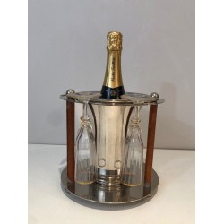 Seau à Champagne en Métal Argenté et Cuir avec Présentoir à Flûtes Intégré — France, Vers 1970
