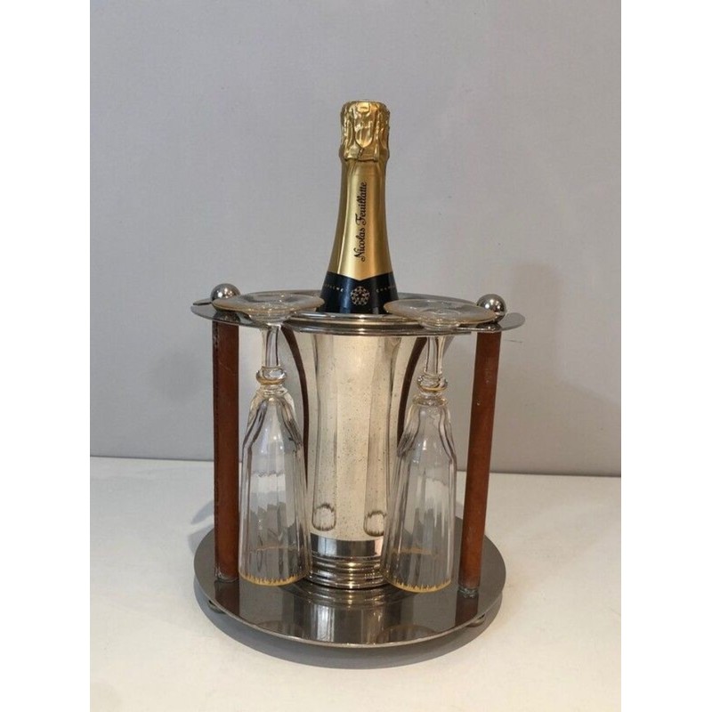 Seau à Champagne en Métal Argenté et Cuir avec Présentoir à Flûtes Intégré — France, Vers 1970