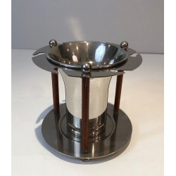 French Silver-Plated and Leather Champagne Bucket with Integrated Flute Holder — Circa 1970