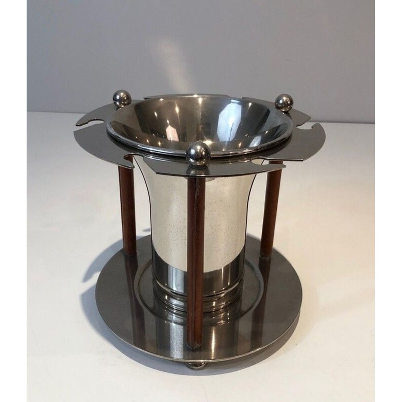 French Silver-Plated and Leather Champagne Bucket with Integrated Flute Holder — Circa 1970