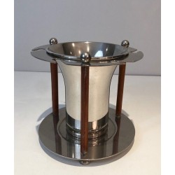French Silver-Plated and Leather Champagne Bucket with Integrated Flute Holder — Circa 1970