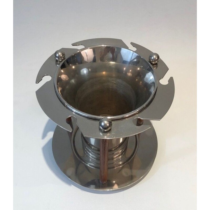 French Silver-Plated and Leather Champagne Bucket with Integrated Flute Holder — Circa 1970